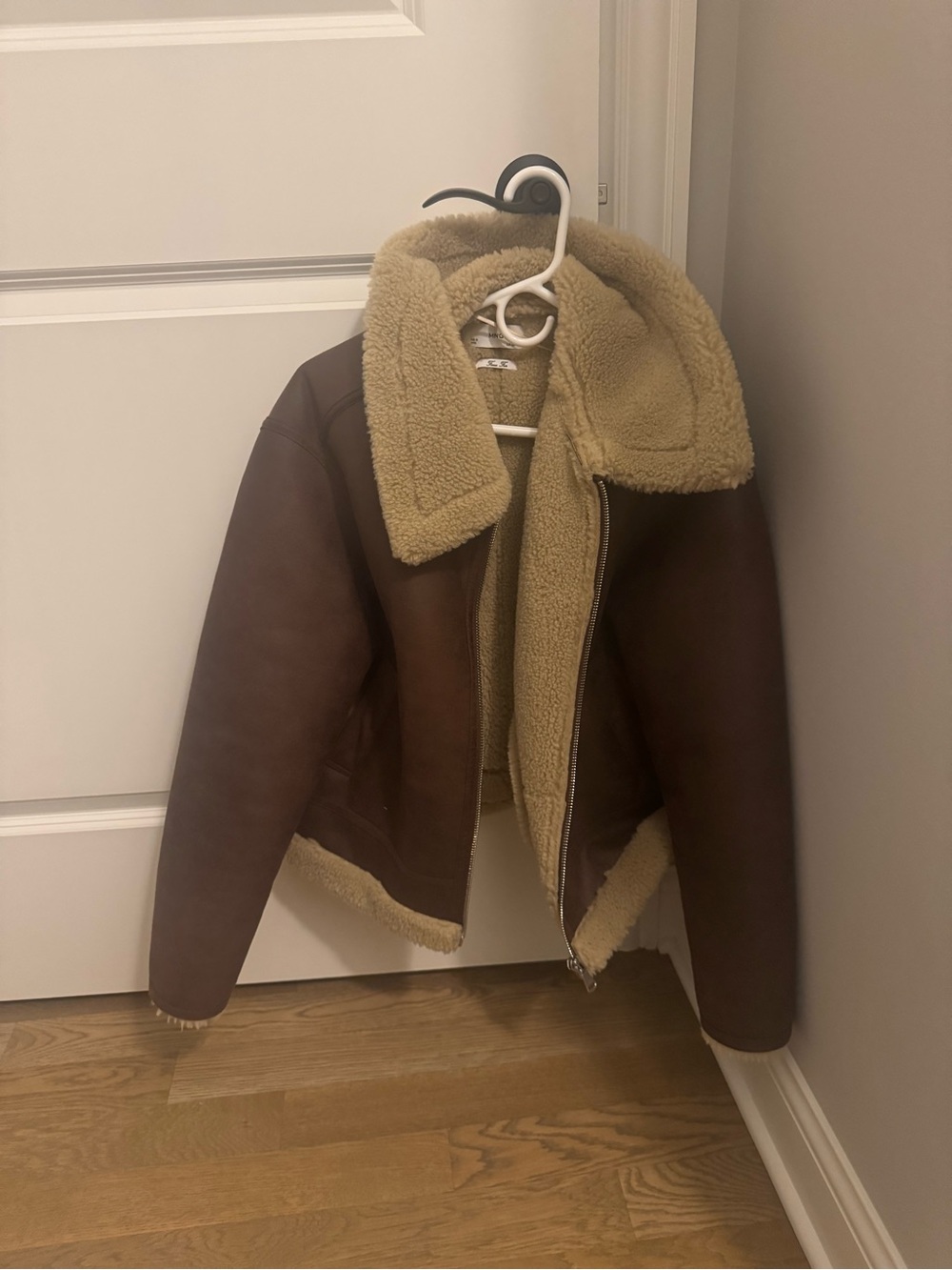 Mango Faux-Shearling Jacket in Taupe and Cream